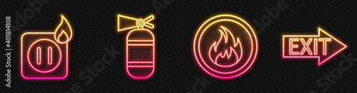 Set line Fire flame, Electric wiring of socket in fire, Fire extinguisher and Fire exit. Glowing neon icon. Vector.