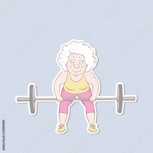 Sticker old woman lifting weights, doing sit ups with barbell. Female weightlifter vector illustration cartoon character.