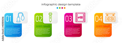 Set line Penis pump, Dildo vibrator, Play Video with 18 plus content and Sex shop. Business infographic template. Vector.