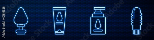 Set line Personal lubricant, Anal plug, Personal lubricant and Dildo vibrator. Glowing neon icon on brick wall. Vector.