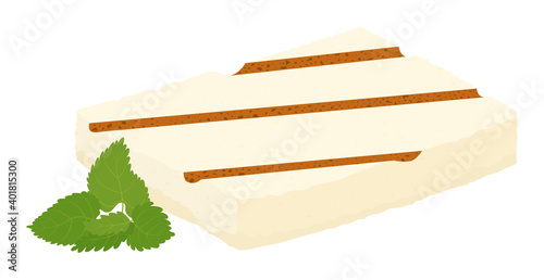 Halloumi grilled cheese and mint cartoon icon. Vector illustration of traditional Cypriot food isolated on white. Haloumi rectangular piece 