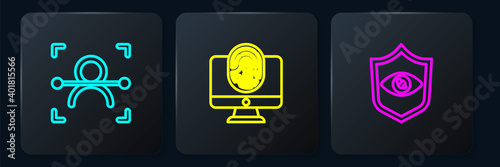 Set line Face recognition, Shield eye scan and Monitor with fingerprint. Black square button. Vector.