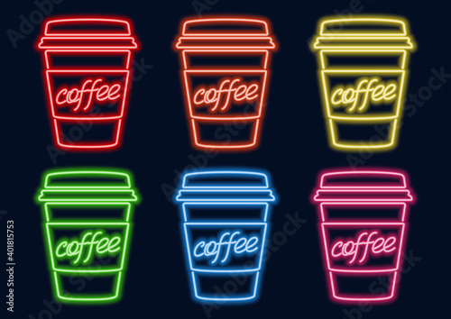 Takeaway coffee in neon design. Neon sign. Luminous line in different colors.