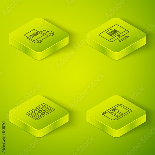 Set Isometric Online ordering and delivery, Restaurant cafe menu, and Fast by car icon. Vector.