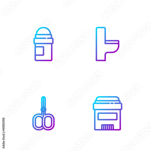 Set line Antiperspirant deodorant roll, Nail scissors, and Toilet bowl. Gradient color icons. Vector.
