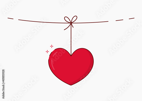 Red valentine hanging on a rope. Heart symbol of love. Happy Valentine's Day.