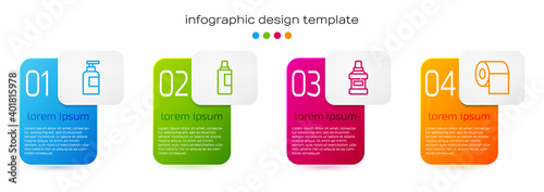 Set line Bottle of shampoo, for cleaning agent, Mouthwash bottle and Toilet paper roll. Business infographic template. Vector.