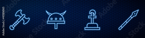 Set line Soldier grave, War axe, Viking in horned helmet and Medieval spear. Glowing neon icon on brick wall. Vector.