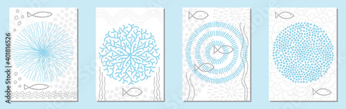 set of abstract underwater world greeting cards or posters, collection of artistic and modern maritime designs with sea, fish, coral, ocean