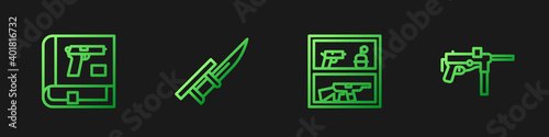 Set line Hunting shop weapon, Book with pistol or gun, Bayonet rifle and Submachine M3. Gradient color icons. Vector.