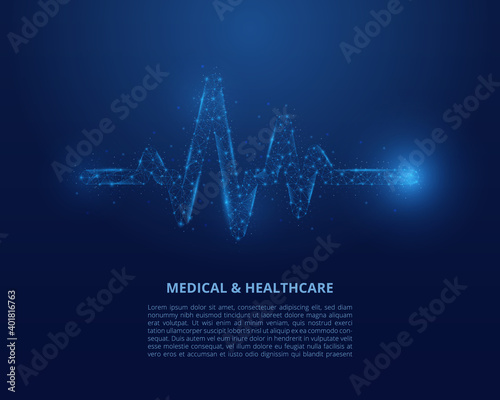 Heartbeat low poly wireframe illustration. Polygonal wireframe healthcare on blue background. Vector illustration.