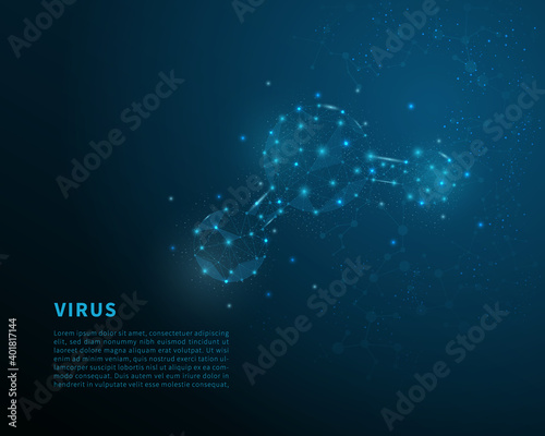 Global virus and disease spread. Covid-19 virus. Polygonal wireframe viral microbe on blue background. Vector illustration. 