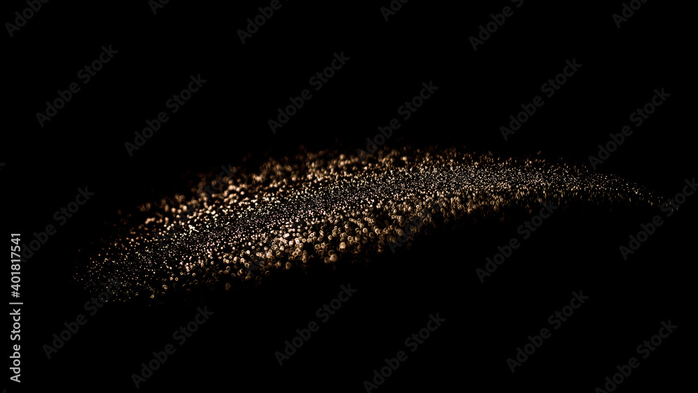 Brush stroke of golden dust in air on black background