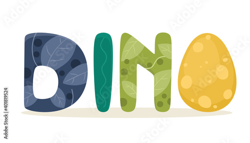 Dino lettering. Text with leaf ornament. Children's inscription. Vector