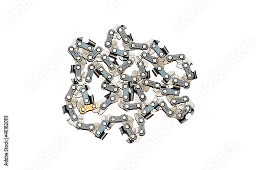 Fototapeta Naklejka Na Ścianę i Meble -  Metal chain saw pattern isolated on white background. Gray metal texture from chainsaw chains links