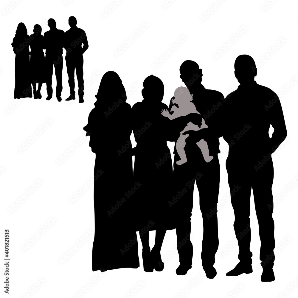 Vector black silhouettes of two women girlfriends and a couple of men, father carries a baby in his arms, girls in headscarves, slim figures, married couples together, long dress and hijab