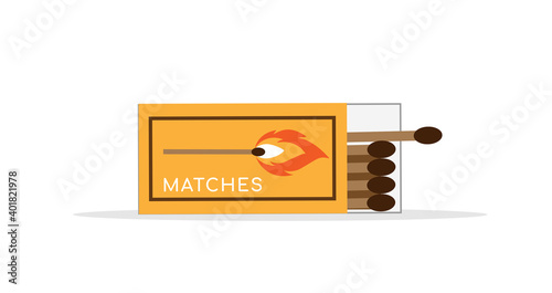 Safety match. Collection of matches. Burning match with fire, opened matchbox, burnt matchstick. Flat design style. Vector illustration isolated on white background. 