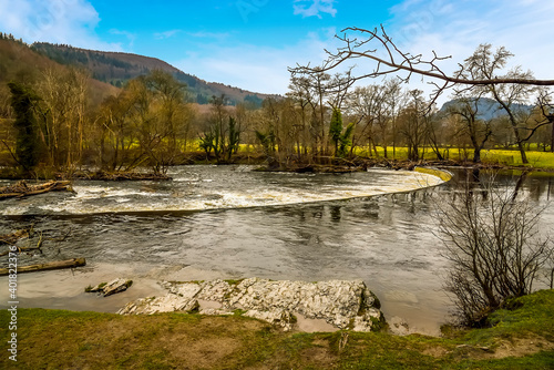 A close-up view of the Horseshoe Falls weir near Llangollen, Wales in winter photo