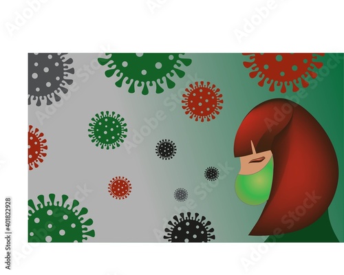 A sad masked girl suffers from symptoms of illness and worries about an outbreak of the new coronavirus or COVID-19. Cartoon Ffat style vector illustration.