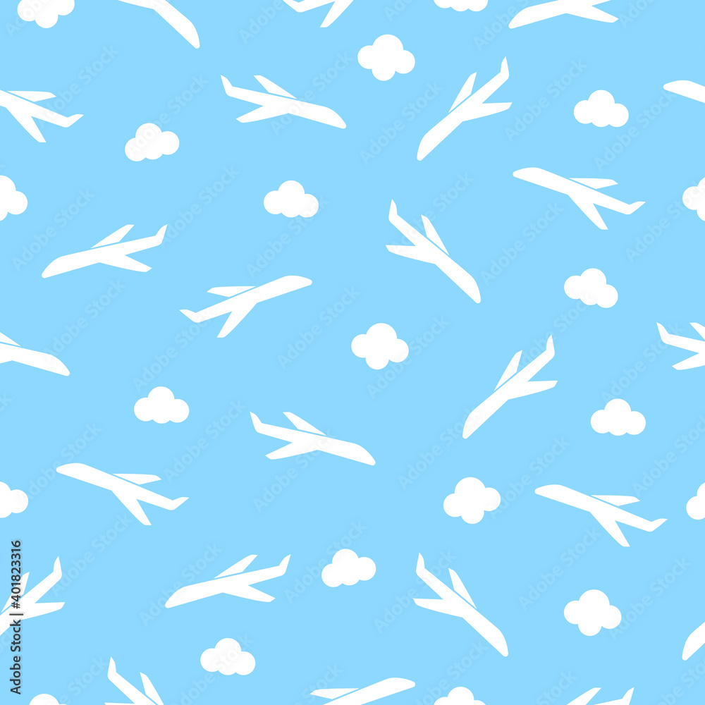 Seamless pattern with airplanes and clouds. Vector air transportation. Travel vector illustration isolated on blue background. Seamless pattern with airplanes and clouds. Vector air transportation. Travel vector illustration isolated on blue background.