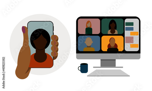 social network concept business team meeting distance technology work from home set