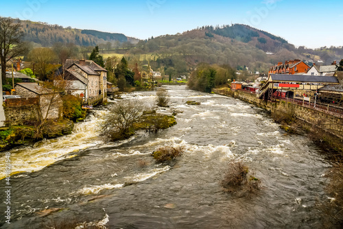 A view straight down the River Dee from the Llangollen Bridge in Llangollen, Wales in winter