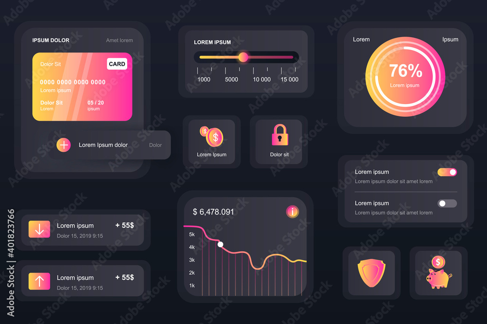 GUI elements for banking mobile app. Financial analytics of bank account, credit card balance user interface generator. Unique ui ux design kit vector illustration. Navigation and graphs components.