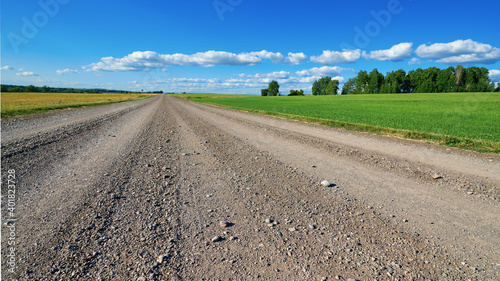Gravel road close-up. Large stones are visible in the foreground. Around the green field and trees. Blue sky with few clouds in the distance.