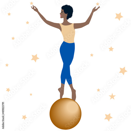 African girl gymnast standing on a ball, shooting stars - isolated on white background - vector. Sports activities.