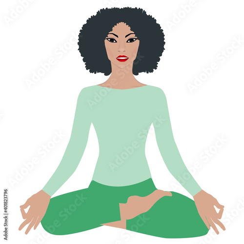 African girl in lotus position - isolated on white background - vector. Sports activities.