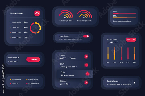 GUI elements for business analytics mobile app. Statistics diagrams and financial indexes user interface generator. Unique ui ux design kit vector illustration. Information visualisation components.
