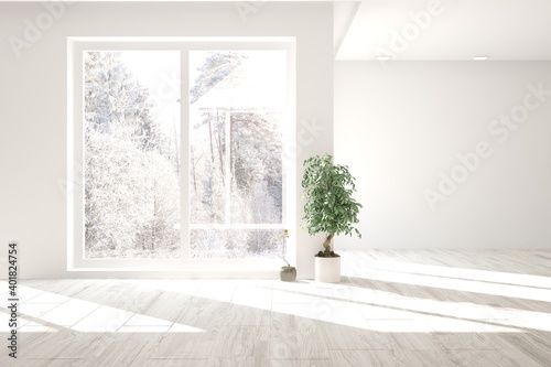 Mock up of empty room in white color with winter landscape in window. Scandinavian interior design. 3D illustration