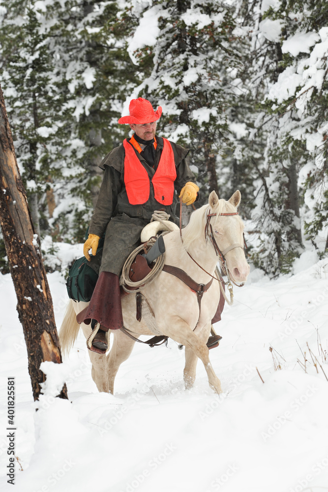 Fototapeta premium adult cowboy deer hunter riding white horse in mountain wilderness
