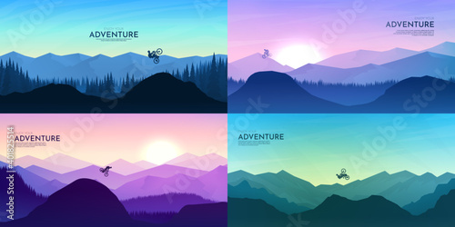 Travel concept of discovering, exploring and observing nature. Mountain bike. Cycling. Adventure tourism. Minimalist vector flat illustration. Sunset scene. Set of background. Freestyle biker