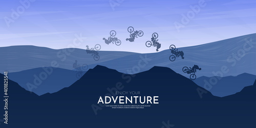 Travel concept of discovering, exploring and observing nature. Mountain bike. Cycling. Adventure tourism. Minimalist vector flat illustration. Sunset scene. Blue background. Freestyle biker