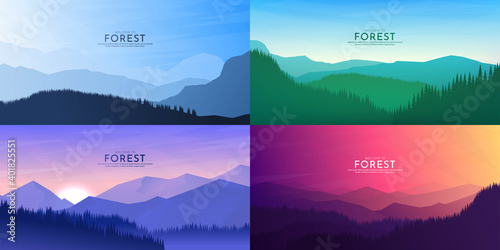 Vector illustration. A set of mountain landscapes in a flat style. Natural wallpapers. Geometric minimalist, polygonal concept. Sunrise, misty terrain with slopes, mountains near the forest. Clear sky