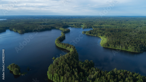 Panoramic aerial view of a lake among the forests. Landscape with drone. Blue lakes  islands and green forests from above on a summer morning. Lake landscape in Finland.