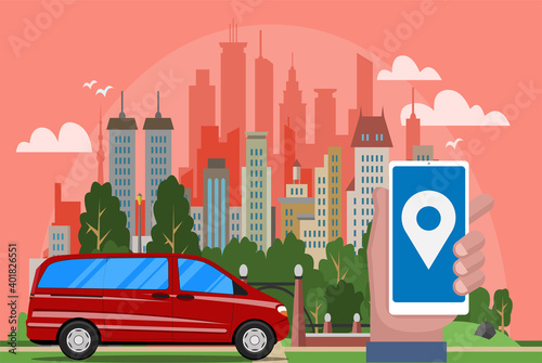 Illustration Online Car sharing service illustration. Urban landscape on background, geolocation mark, car and smartphone in hand. Online rental car.  Suitable for Diagrams, Infographics