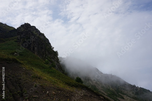 Mountains, peak, horizon, clouds, Krasnaya Polyana, North Caucasus, nature of Russia.