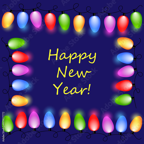Postcard Happy New Year with hanging lamps of different colours on dark blue background with place for any text. Vector graphic design for banner, poster, party invitation