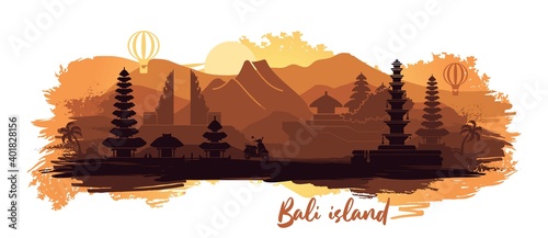 Abstract landscape of the Indonesian island of Bali with the main attractions