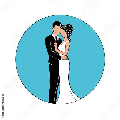 Silhouette of the bride and groom. Beautiful newlywed couple stand together in an embrace. Template for decorating wedding cards and invitations. Vector isolated illustration in a round frame.