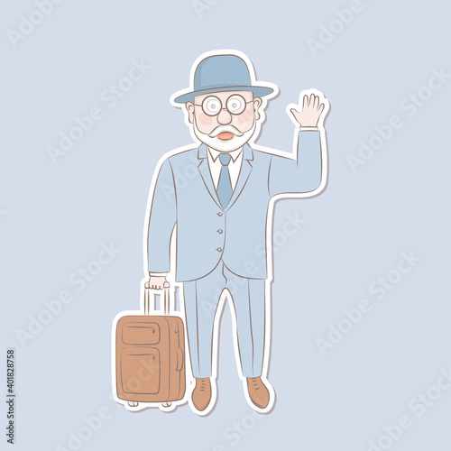 Sticker old man standing with suitcase.Vector illustrationcartoon cartoon design. photo