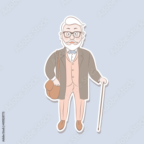 Sticker of an elegant man with a cane.Old men in fashion clothes. Cartoon style vector illustration.