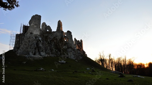 Monumental Hrusov castle  built during gothic and renaissance period  in winter evening sunshine. Location central Slovakia. 