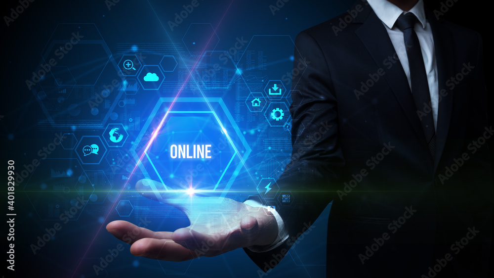 Man hand holding ONLINE inscription, social media concept Man hand holding ONLINE inscription, social media concept