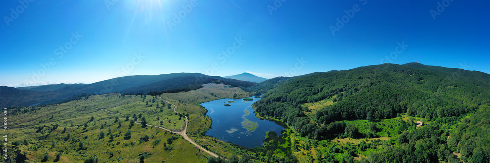 default 180 degree virtual reality panorama of Biviere lake immersed in the beautiful beech forest of Monte Soro in spring on the Nebrodi, Sicily, Italy. Natural lake with views of Mount Etna and sea.