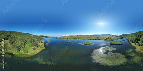 default 360 degree virtual reality panorama of Biviere lake immersed in the beautiful beech forest of Monte Soro in spring on the Nebrodi, Sicily, Italy. Natural lake with views of Mount Etna and sea. © Maurizio Caputo
