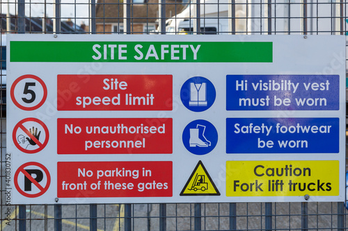 A site safety sign on the entrance to a building site