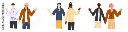 Collection of interracial couples. Set of young people holding hands and waving hand. Intercultural romantic couples, diversity in relationships. Vector illustration.